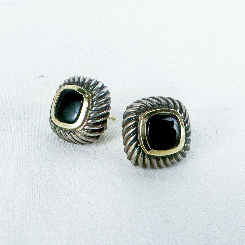 Vintage Sterling Silver 14K Gold Accent Black Stone Stud Earrings
