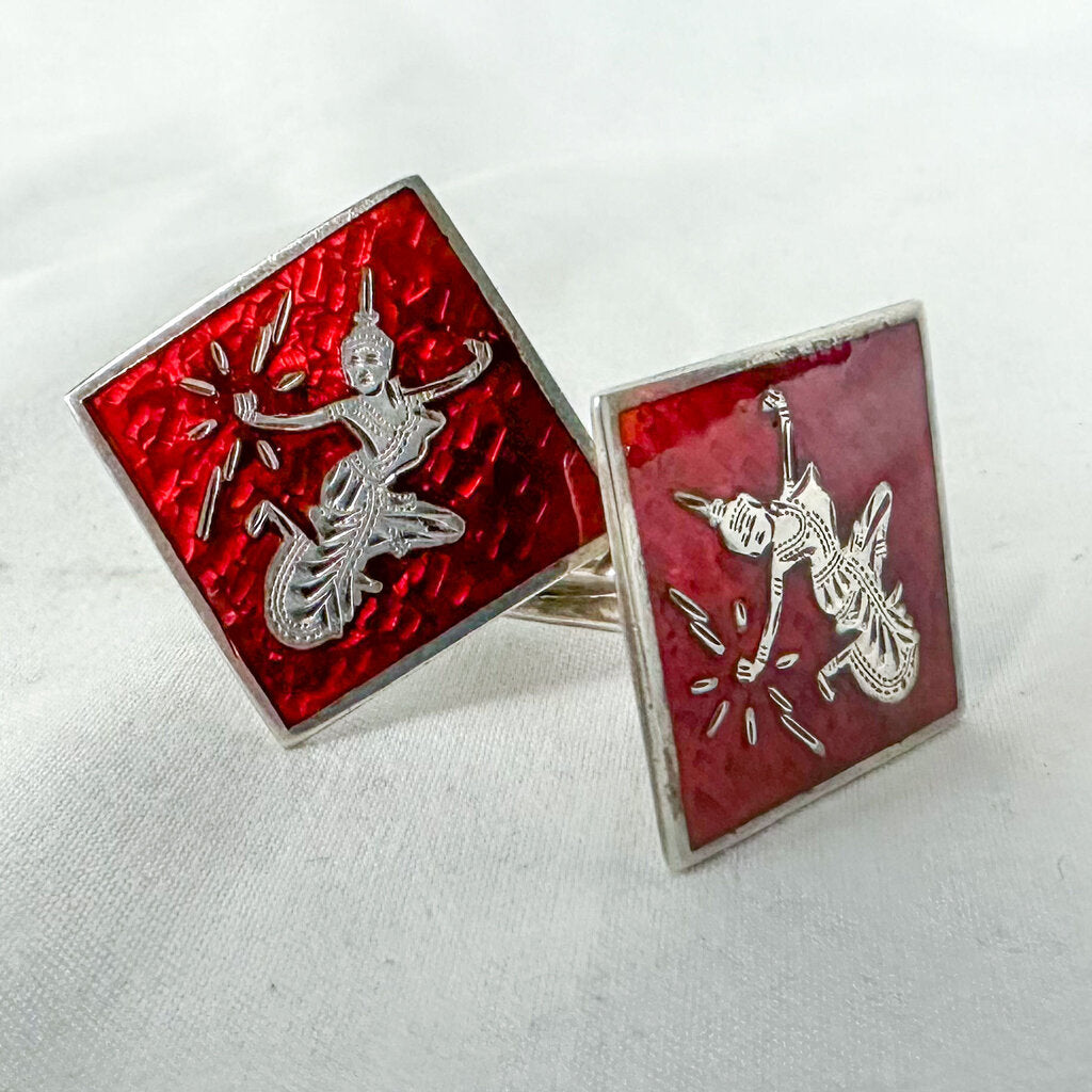 Vintage Sterling Silver & Red Siam Motif Cuff Links