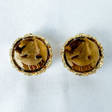 Load image into Gallery viewer, Vintage Unsigned Goldette Intaglio Cut Glass Cameo Clip-On Earrings
