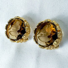 Load image into Gallery viewer, Vintage Unsigned Goldette Intaglio Cut Glass Cameo Clip-On Earrings
