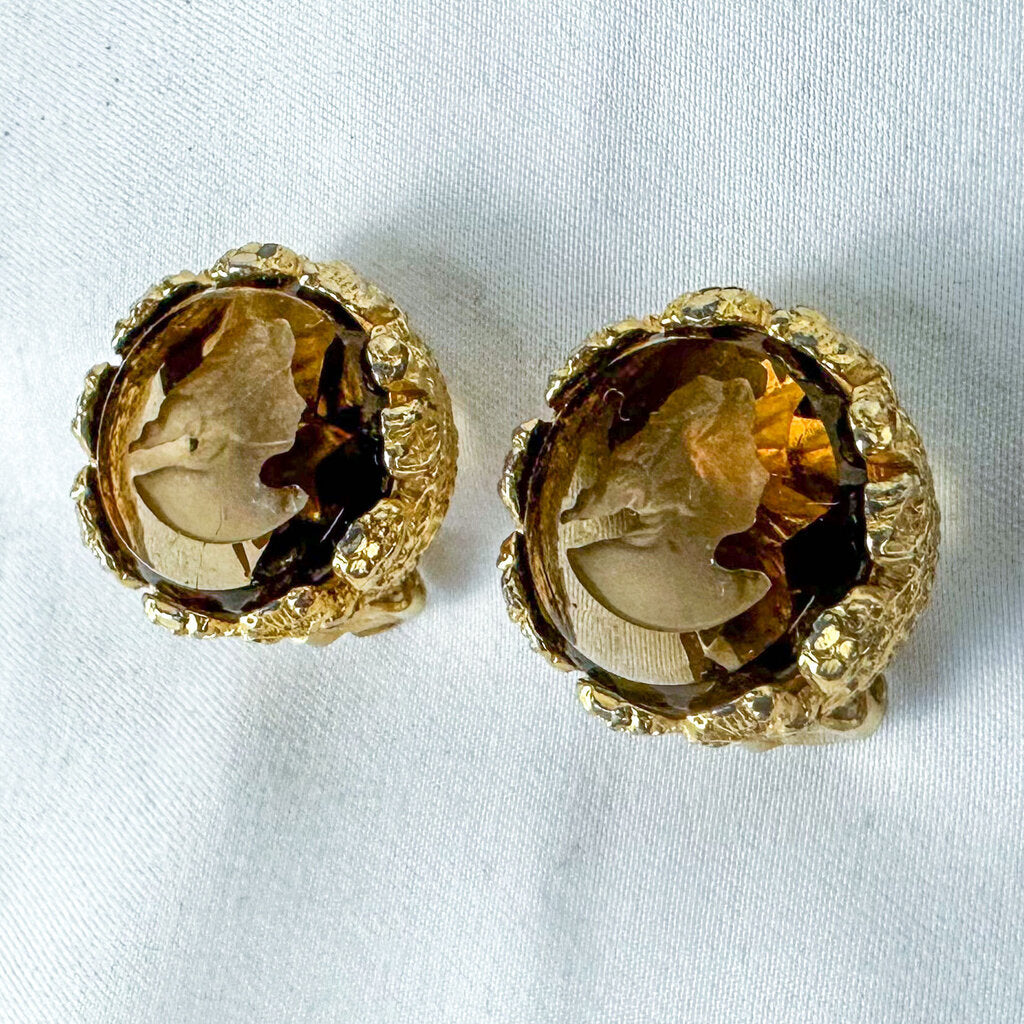 Vintage Unsigned Goldette Intaglio Cut Glass Cameo Clip-On Earrings