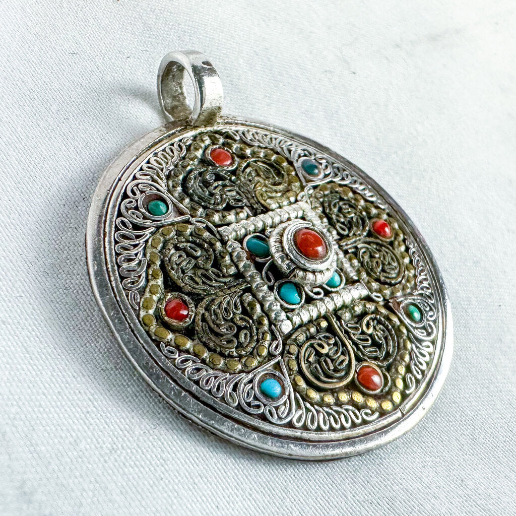 Vintage Sterling Silver Tibetan Mandala Medallion Pendant, Pendant Only, No Chain