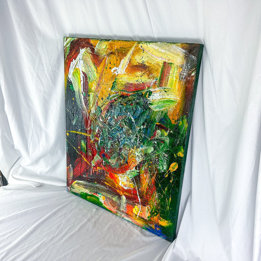 Original Acrylic on Canvas Signed by Artist Green, Red, & Yellow Abstract Painting