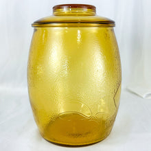 Load image into Gallery viewer, Vintage Bartlett Mushroom Motif Amber Glass Lidded Cookie Jar
