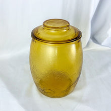 Load image into Gallery viewer, Vintage Bartlett Mushroom Motif Amber Glass Lidded Cookie Jar
