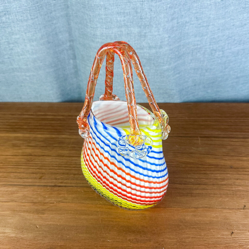 Vintage Murano Style Art Blue, Orange, Yellow Stripe Glass Purse