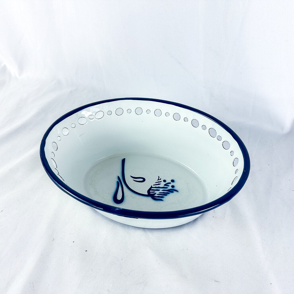 Vintage White & Blue Katarina Brieditis Tulip Enamel Bowl