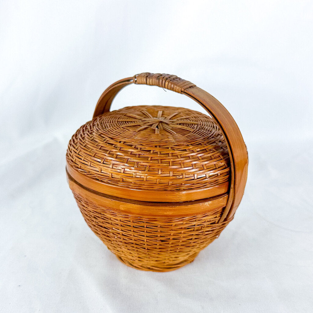 Vintage Chinese Wicker Lidded Sewing Basket