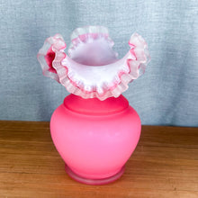 Load image into Gallery viewer, Vintage Frosted Cranberry Pink White Satin Crest Ruffle Edge Art Glass Vase
