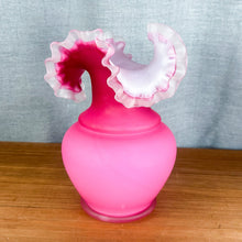 Load image into Gallery viewer, Vintage Frosted Cranberry Pink White Satin Crest Ruffle Edge Art Glass Vase
