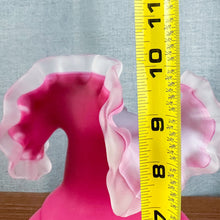 Load image into Gallery viewer, Vintage Frosted Cranberry Pink White Satin Crest Ruffle Edge Art Glass Vase
