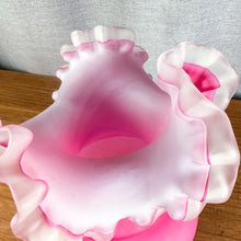 Load image into Gallery viewer, Vintage Frosted Cranberry Pink White Satin Crest Ruffle Edge Art Glass Vase
