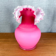 Load image into Gallery viewer, Vintage Frosted Cranberry Pink White Satin Crest Ruffle Edge Art Glass Vase
