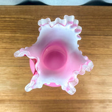 Load image into Gallery viewer, Vintage Frosted Cranberry Pink White Satin Crest Ruffle Edge Art Glass Vase
