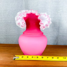 Load image into Gallery viewer, Vintage Frosted Cranberry Pink White Satin Crest Ruffle Edge Art Glass Vase
