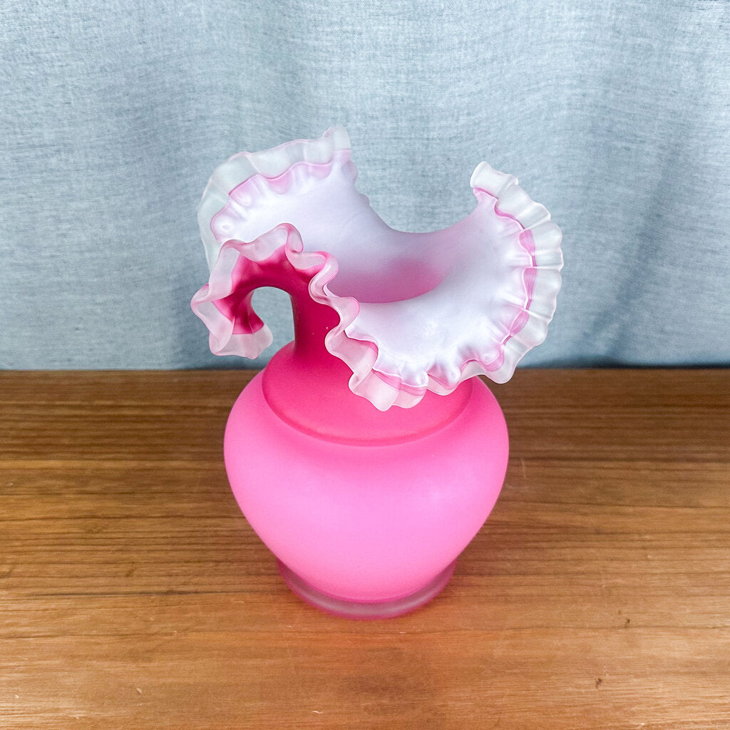 Vintage Frosted Cranberry Pink White Satin Crest Ruffle Edge Art Glass Vase