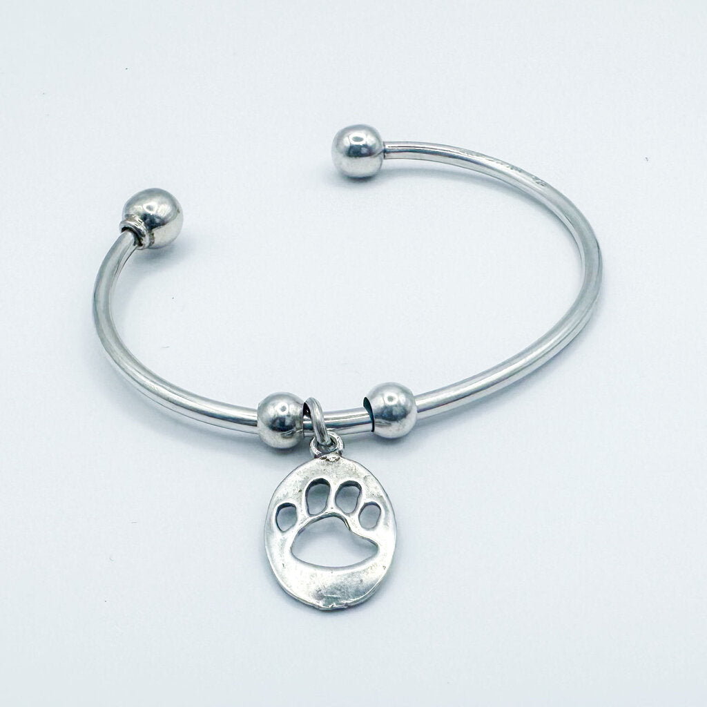 Vintage Sterling Silver Paw Print Charm Open Bangle Bracelet