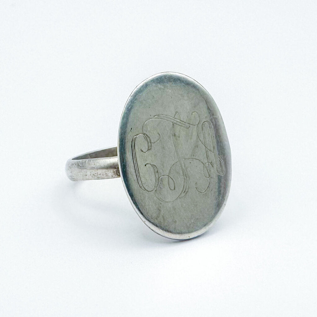 Vintage Sterling Silver Monogrammed Disc Ring, Size 8.5