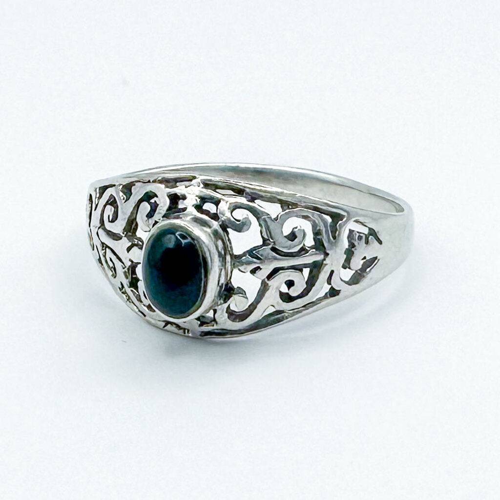 Vintage Sterling Silver Onyx Filigree Detail Ring, Size 7