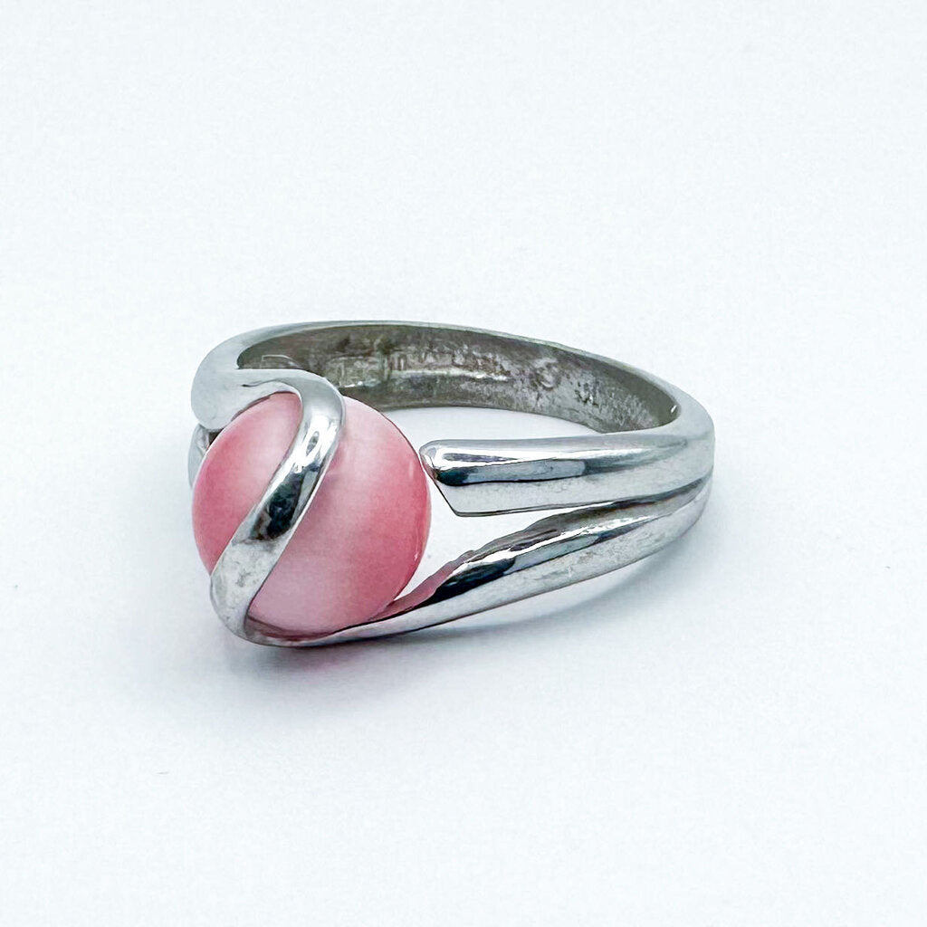 Vintage Sterling Silver Pink Cat's Eye Bead Ring, Size 4.5