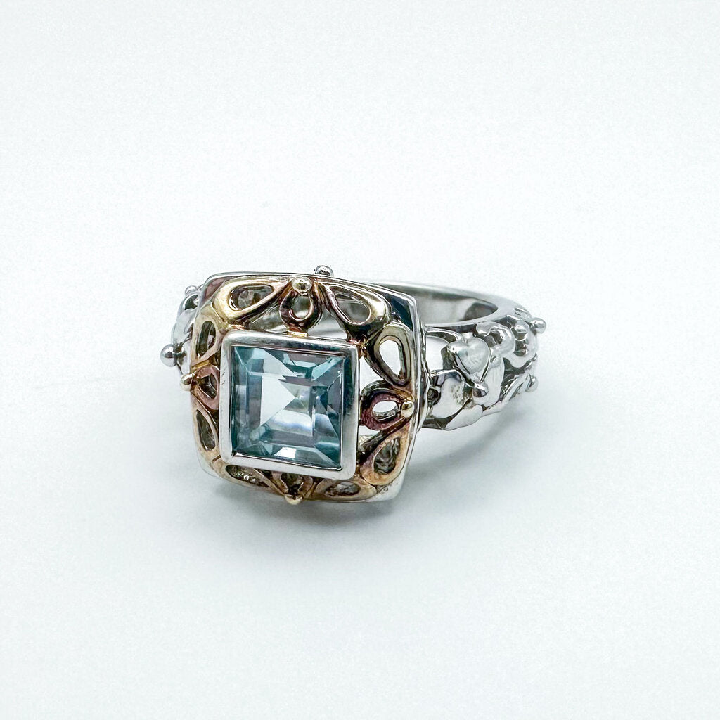 Vintage Art Deco Style Sterling Silver Gold-Plated Accent Topaz Solitaire Ring, Size 7