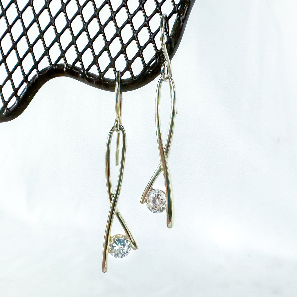 Vintage Gold-Toned Sterling Silver Clear Stone Dangling Earrings