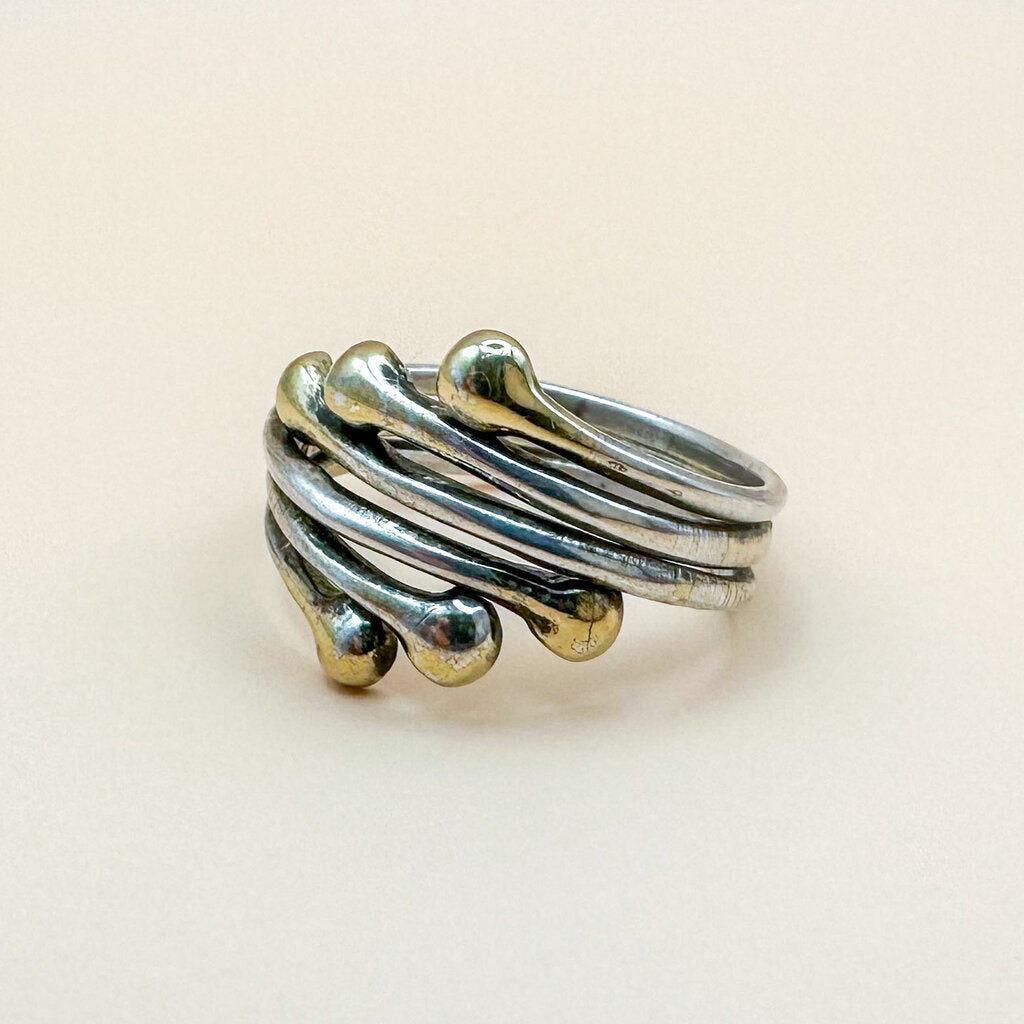 Vintage Sterling Silver Abstract Triple Band Gold-Tone Tipped Ring , Size 7.5