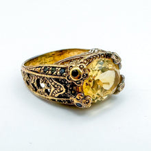 Load image into Gallery viewer, Vintage 18k Gold over Sterling Silver Large Yellow Stone Ring, Size 8.75
