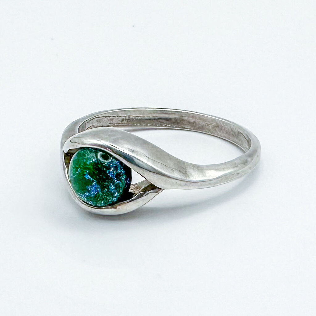 Vintage Sterling Silver Tension Set Blue & Green Glitter Bead Ring, Size 9.75