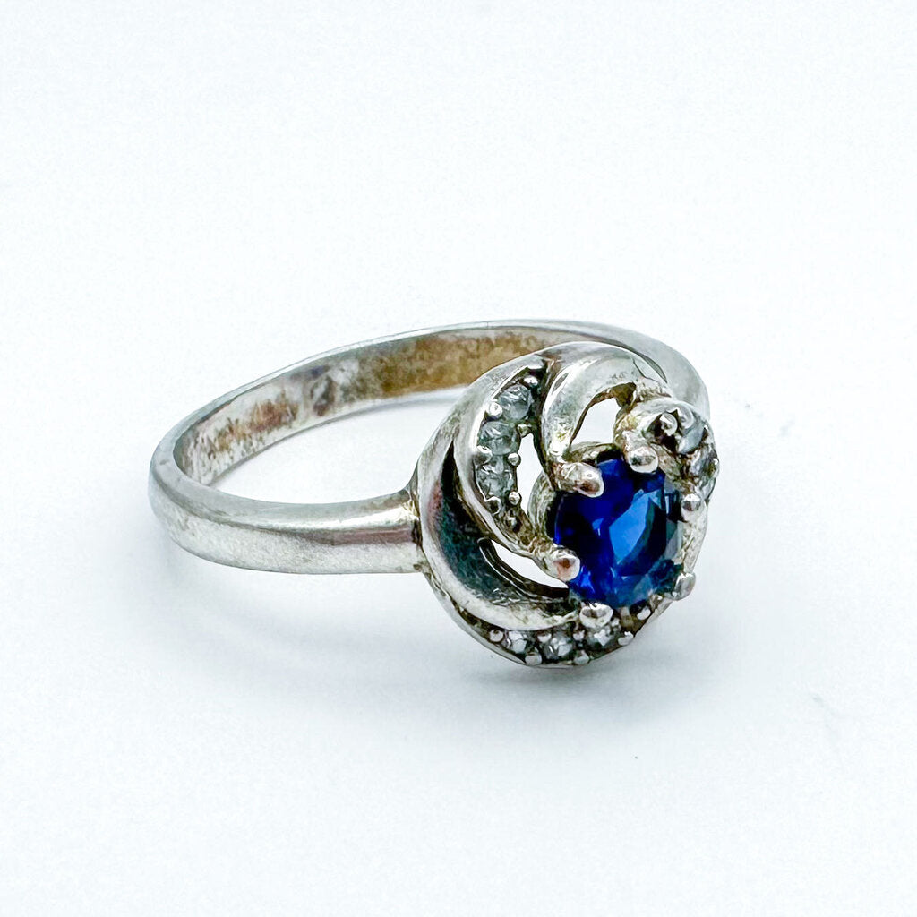 Vintage Sterling Silver Blue Stone Clear Stone Ring, Size 8.5