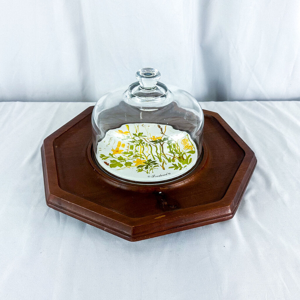 Vintage Floral Goodwood Glass Dome Octagonal Wood Cheese & Cracker Tray