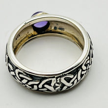 Load image into Gallery viewer, Ring, Sterling Silver, Celtic Knot pattern with Amethyst Cabochon, Size 6
