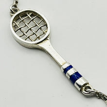 Load image into Gallery viewer, Necklace, Sterling Silver, Horizontal Tennis Racket, Blue Enamel Accents, 15 Inches
