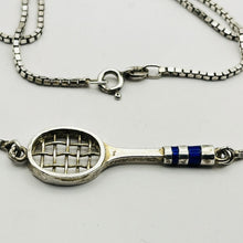 Load image into Gallery viewer, Necklace, Sterling Silver, Horizontal Tennis Racket, Blue Enamel Accents, 15 Inches
