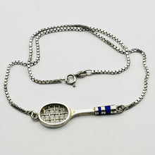 Load image into Gallery viewer, Necklace, Sterling Silver, Horizontal Tennis Racket, Blue Enamel Accents, 15 Inches
