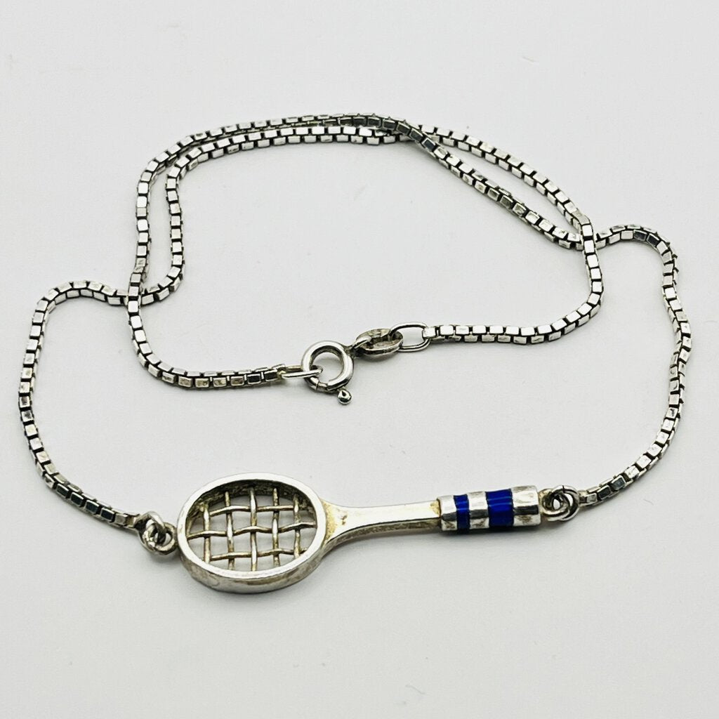 Necklace, Sterling Silver, Horizontal Tennis Racket, Blue Enamel Accents, 15 Inches