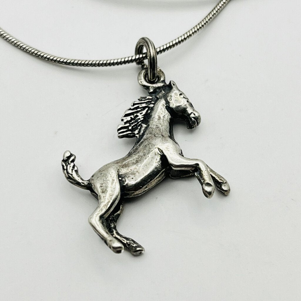 Necklace, Sterling Silver, Rearing Horse Charm, Snake Chain, 24 Inches