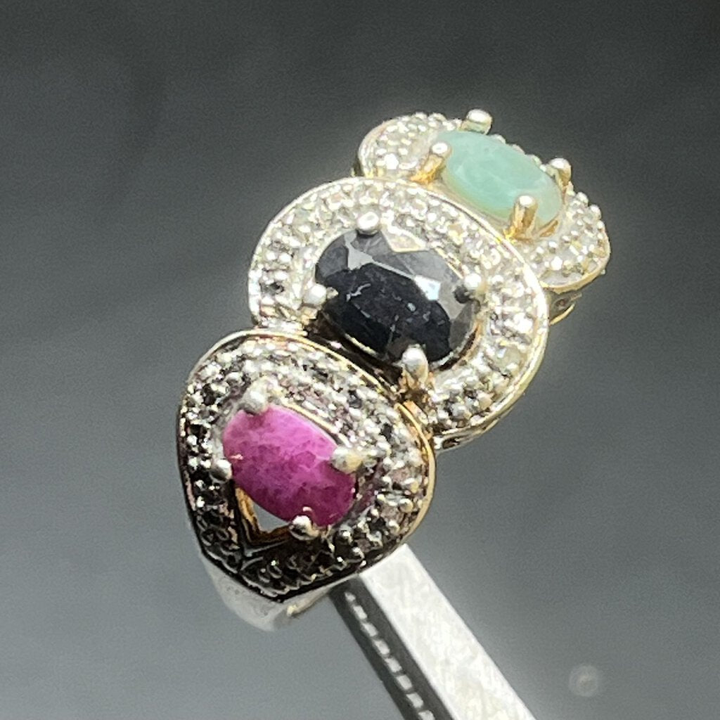 Ring, Sterling Silver Vermeil, Ruby, Emerald, Sapphire Three Stone, Vintage, Size 8 1/4