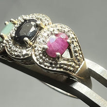 Load image into Gallery viewer, Ring, Sterling Silver Vermeil, Ruby, Emerald, Sapphire Three Stone, Vintage, Size 8 1/4
