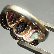 Load image into Gallery viewer, Ring, Sterling Silver Vermeil, Ruby, Emerald, Sapphire Three Stone, Vintage, Size 8 1/4
