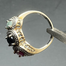 Load image into Gallery viewer, Ring, Sterling Silver Vermeil, Ruby, Emerald, Sapphire Three Stone, Vintage, Size 8 1/4
