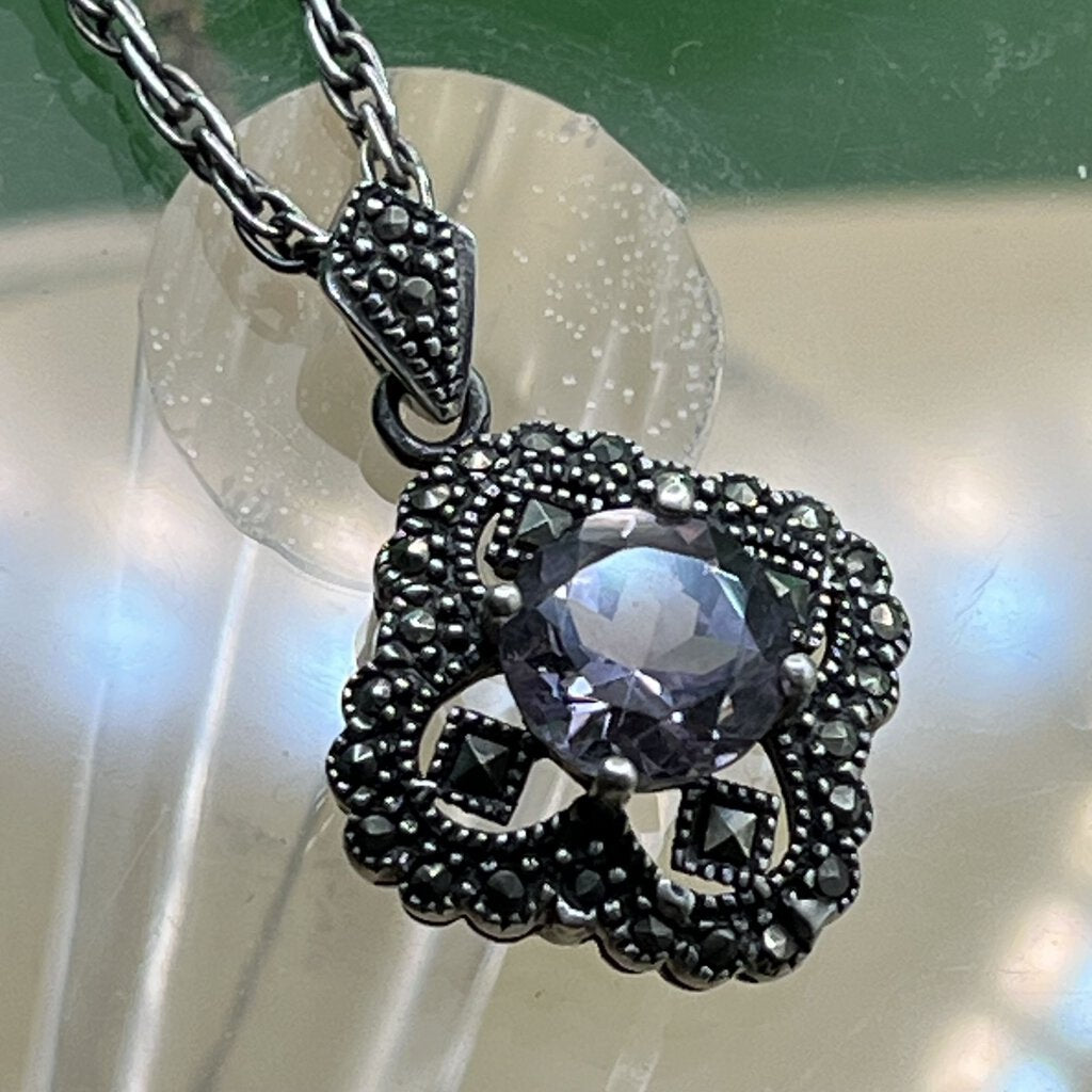 Necklace with Pendant, Sterling Silver, Amethyst and Hematite, Gothic Style, 17.5 inches