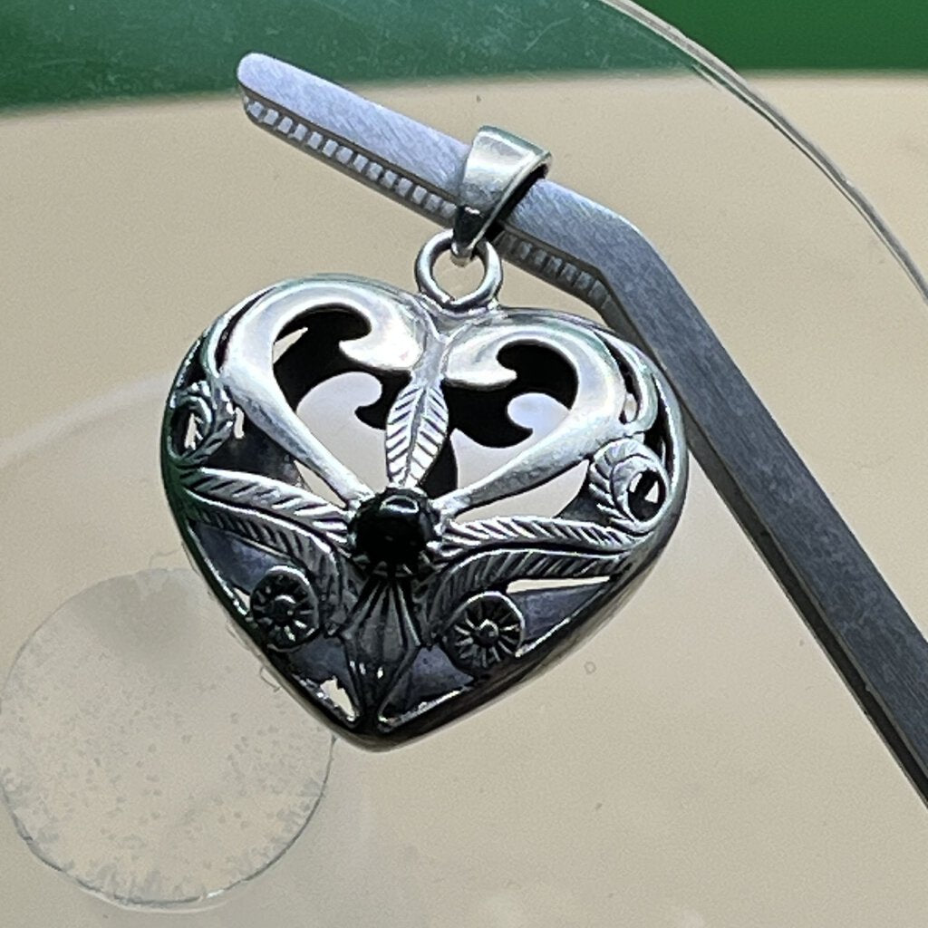 Pendant, Sterling Silver, Hollow Heart with Onyx, Double Sided