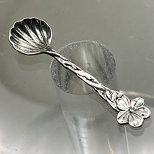 Load image into Gallery viewer, Salt Cellar Spoon, Sterling Silver, Hibiscus Flower handle, Shell Shaped Bowl, 2 1/16 inch
