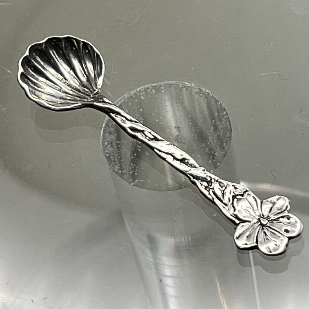 Salt Cellar Spoon, Sterling Silver, Hibiscus Flower handle, Shell Shaped Bowl, 2 1/16 inch