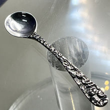 Load image into Gallery viewer, Salt Cellar Spoon, Sterling Silver, Floral Handle Double Sided, Round Bowl, 2 9/16 inch
