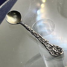 Load image into Gallery viewer, Salt Cellar Spoon, Sterling Silver, Pan (god) Repousse Figural Shaft, Hammered Bowl, 2 3/4 inch
