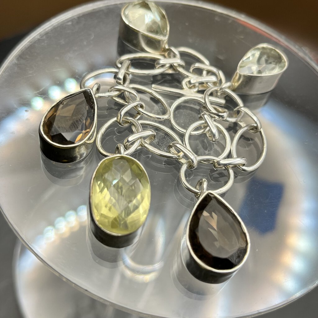 Bracelet, Sterling Silver, Multistone Smokey and Lemon Quartz, 8 1/4 inch