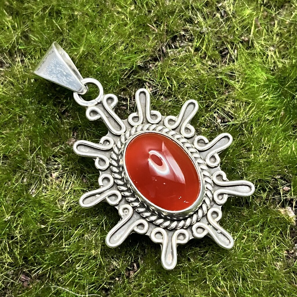 Pendant, Sterling Silver, Starburst with Carnelian Cabochon