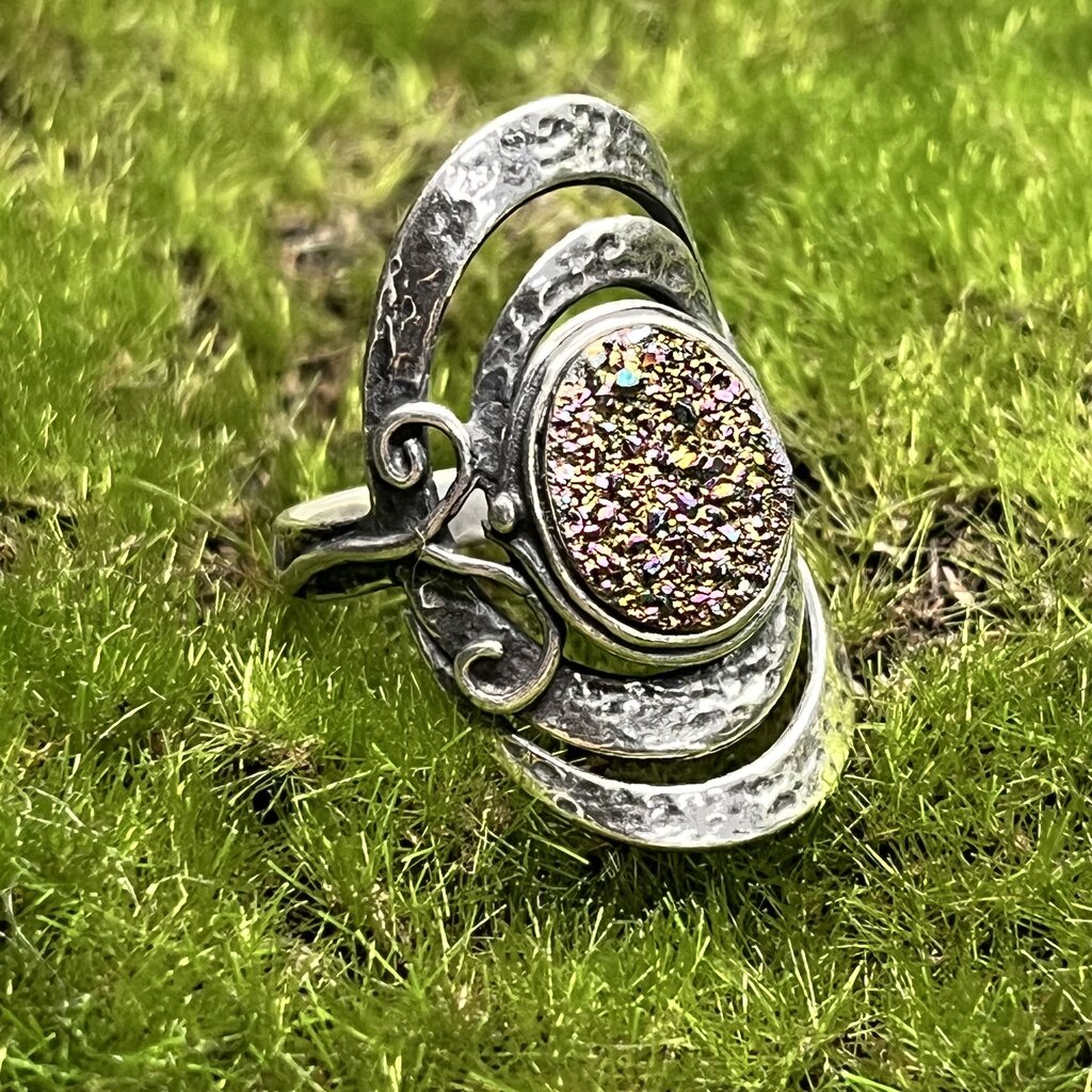Ring, Sterling Silver, Pink Iridescent Druzy Stone, PZ Israel, Size 8 3/4